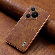 For Huawei Pura 70 AZNS Electroplated Frame Crocodile Texture Full Coverage Phone Case(Brown)