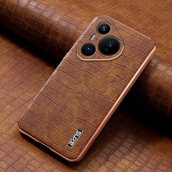 For Huawei Pura 70 AZNS Electroplated Frame Crocodile Texture Full Coverage Phone Case(Brown)