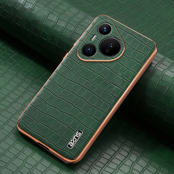 For Huawei Pura 70 AZNS Electroplated Frame Crocodile Texture Full Coverage Phone Case(Green)
