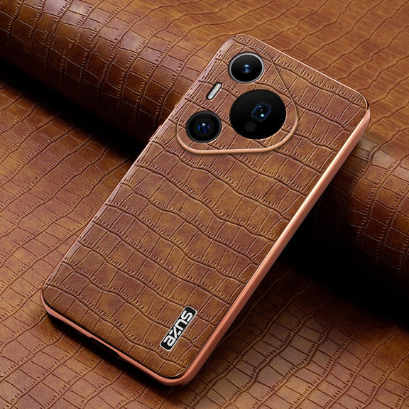 For Huawei Pura 70 Pro / 70 Pro+ AZNS Electroplated Frame Crocodile Texture Full Coverage Phone Case(Brown)