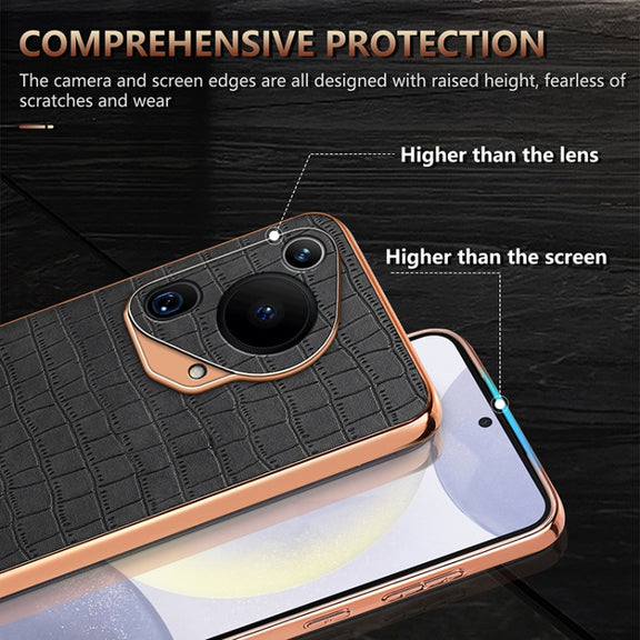 For Huawei Pura 70 Ultra AZNS Electroplated Frame Crocodile Texture Full Coverage Phone Case(Brown)
