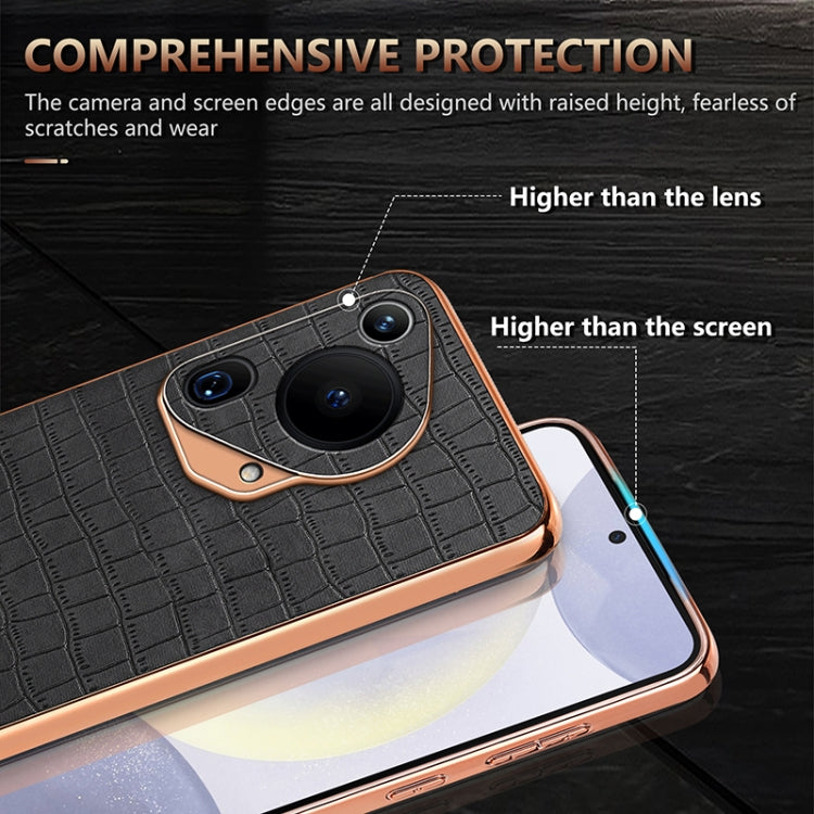 For Huawei Pura 70 Ultra AZNS Electroplated Frame Crocodile Texture Full Coverage Phone Case(Brown)