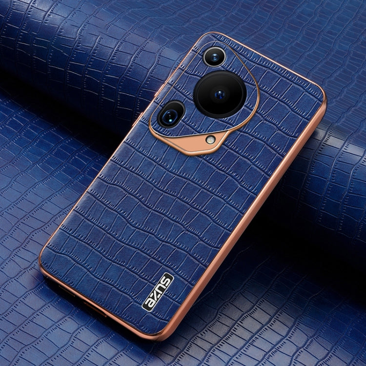 For Huawei Pura 70 Ultra AZNS Electroplated Frame Crocodile Texture Full Coverage Phone Case(Blue)
