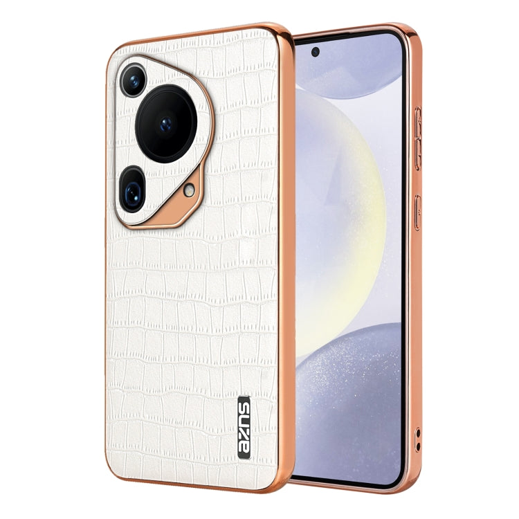 For Huawei Pura 70 Ultra AZNS Electroplated Frame Crocodile Texture Full Coverage Phone Case(White)