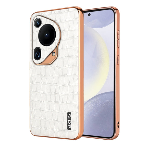 For Huawei Pura 70 Ultra AZNS Electroplated Frame Crocodile Texture Full Coverage Phone Case(White)