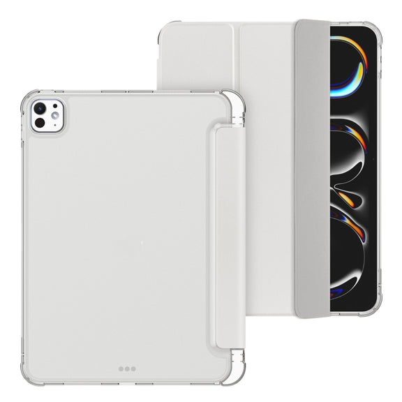 For iPad Pro 11 2024 Tri-fold Holder TPU Cover Frosted Leather Smart Tablet Case withh Pen Slot(Grey)