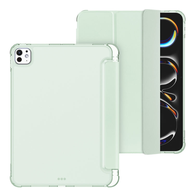 For iPad Pro 11 2024 Tri-fold Holder TPU Cover Frosted Leather Smart Tablet Case withh Pen Slot(Light Green)