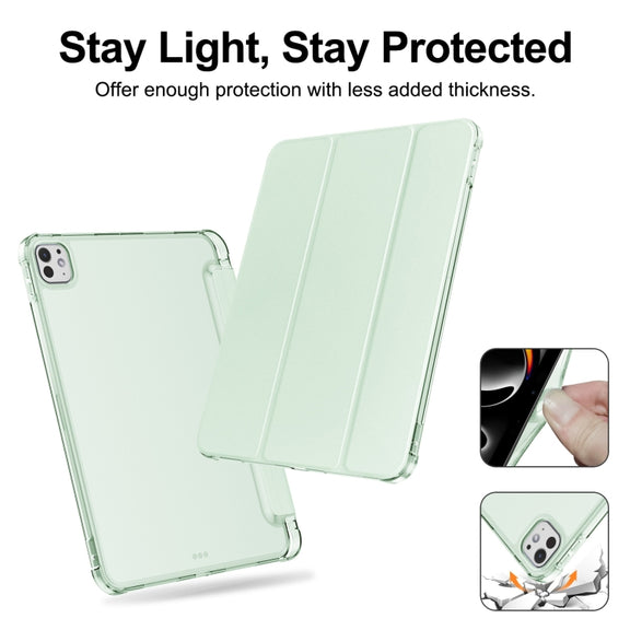 For iPad Pro 11 2024 Tri-fold Holder TPU Cover Frosted Leather Smart Tablet Case withh Pen Slot(Light Green)