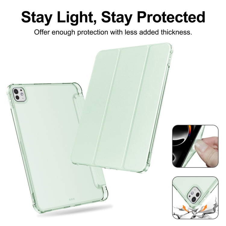 For iPad Pro 11 2024 Tri-fold Holder TPU Cover Frosted Leather Smart Tablet Case withh Pen Slot(Light Green)