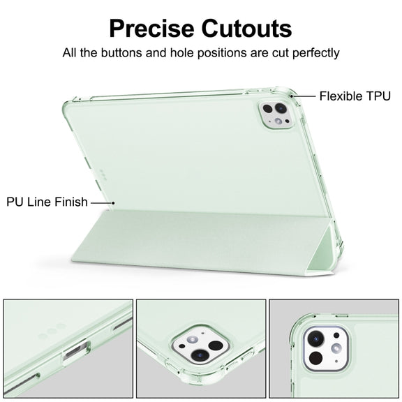 For iPad Pro 11 2024 Tri-fold Holder TPU Cover Frosted Leather Smart Tablet Case withh Pen Slot(Light Green)