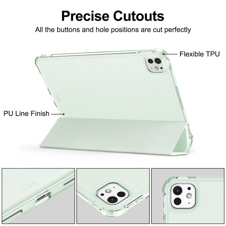For iPad Pro 11 2024 Tri-fold Holder TPU Cover Frosted Leather Smart Tablet Case withh Pen Slot(Light Green)
