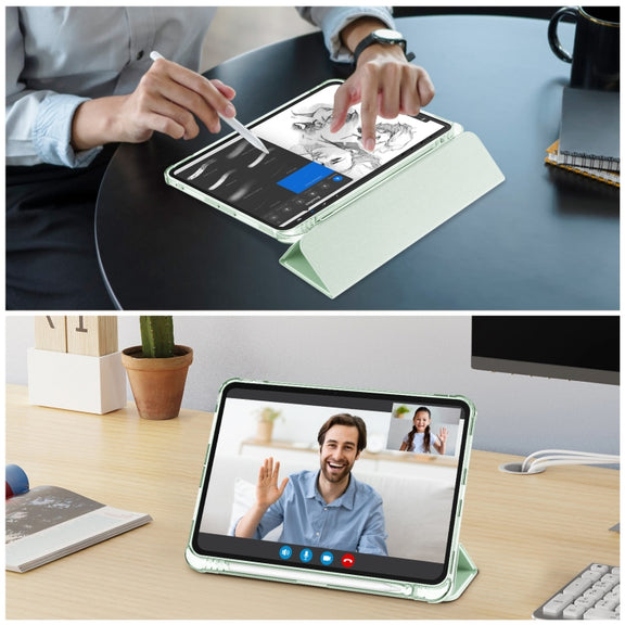 For iPad Pro 11 2024 Tri-fold Holder TPU Cover Frosted Leather Smart Tablet Case withh Pen Slot(Light Green)
