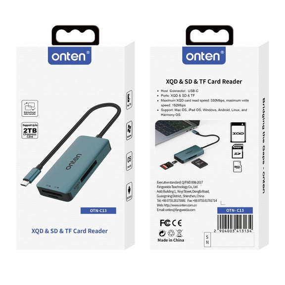 Onten C13 3 in 1 USB-C / Type-C to XQD & SD & TF Card Reader(Pine Green)