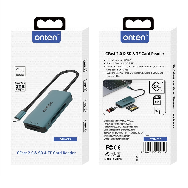 Onten C15 3 in 1 USB-C / Type-C to CFast 2.0 & SD & TF Card Reader(Pine Green)