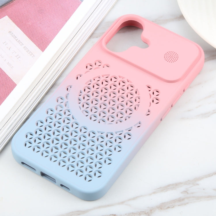 For iPhone 16 Plus Gradient Color Honeycomb Aromatherapy MagSafe Phone Case(Pink Blue)