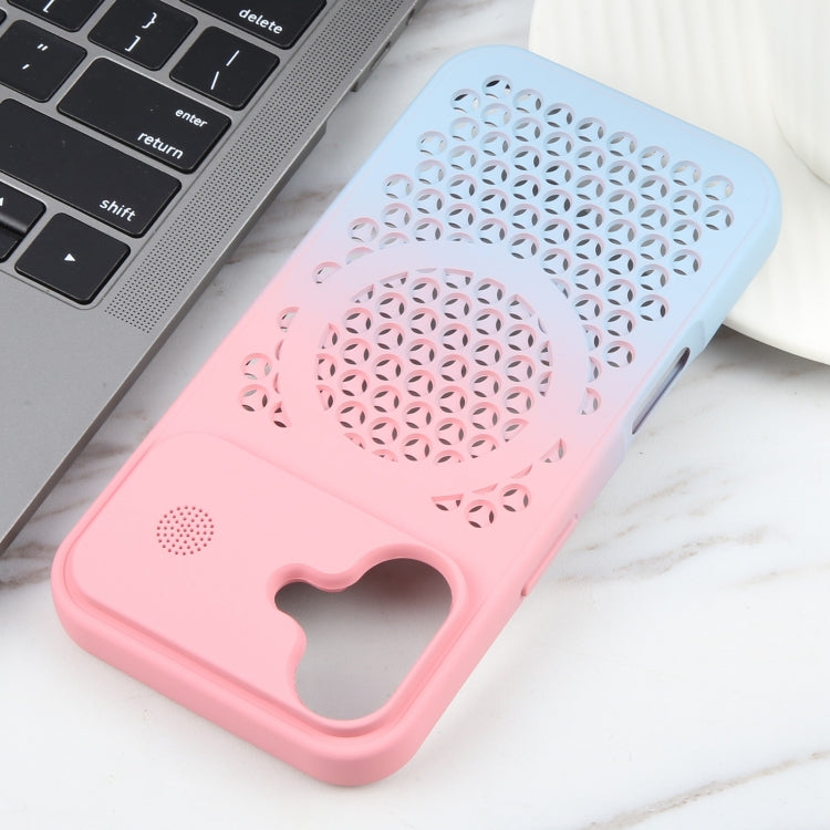 For iPhone 16 Plus Gradient Color Honeycomb Aromatherapy MagSafe Phone Case(Pink Blue)