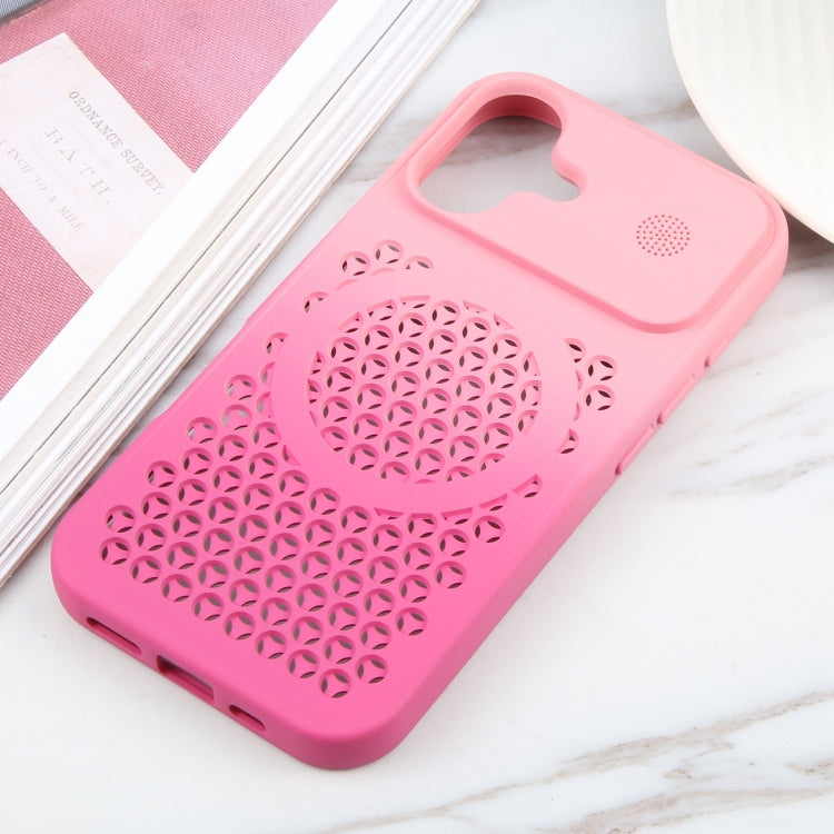 For iPhone 16 Gradient Color Honeycomb Aromatherapy MagSafe Phone Case(Pink+Rose Red)