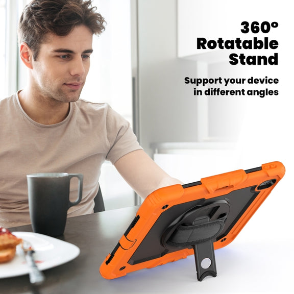For iPad Air 11 2025 / 2024 Turntable Holder Silicone Hybrid PC Tablet Case with Shoulder Strap(Orange)