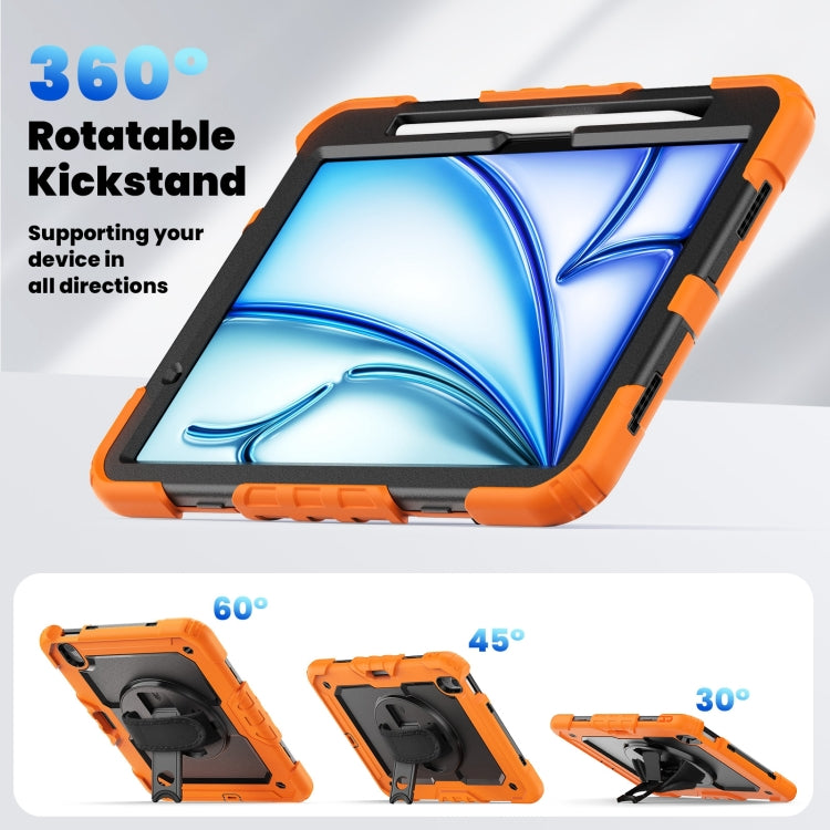 For iPad Air 11 2025 / 2024 Turntable Holder Silicone Hybrid PC Tablet Case with Shoulder Strap(Orange)