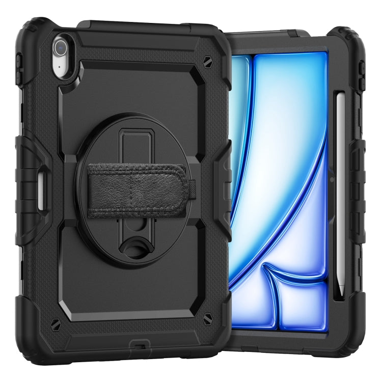 For iPad Air 11 2025 / 2024 Turntable Holder Silicone Hybrid PC Tablet Case with Shoulder Strap(Black)