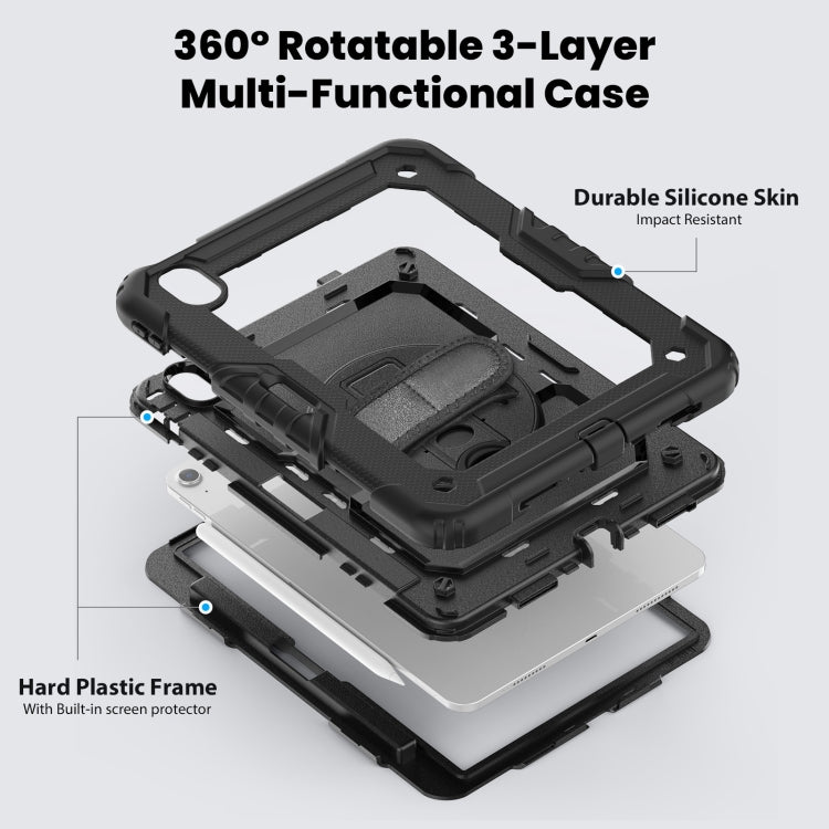 For iPad Air 11 2025 / 2024 Turntable Holder Silicone Hybrid PC Tablet Case with Shoulder Strap(Black)