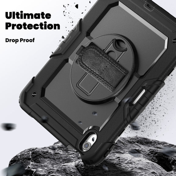 For iPad Air 11 2025 / 2024 Turntable Holder Silicone Hybrid PC Tablet Case with Shoulder Strap(Black)