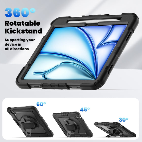 For iPad Air 11 2025 / 2024 Turntable Holder Silicone Hybrid PC Tablet Case with Shoulder Strap(Black)