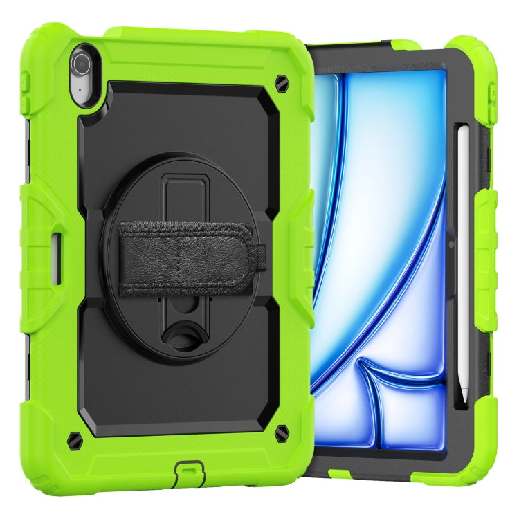 For iPad Air 11 2025 / 2024 Turntable Holder Silicone Hybrid PC Tablet Case with Shoulder Strap(Black + Yellow Green)