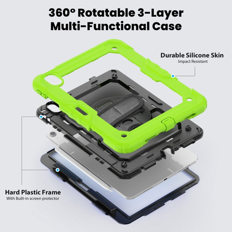 For iPad Air 11 2025 / 2024 Turntable Holder Silicone Hybrid PC Tablet Case with Shoulder Strap(Black + Yellow Green)