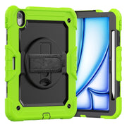 For iPad Air 11 2025 / 2024 Turntable Holder Silicone Hybrid PC Tablet Case with Shoulder Strap(Black + Yellow Green)