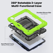 For iPad Air 11 2025 / 2024 Turntable Holder Silicone Hybrid PC Tablet Case with Shoulder Strap(Black + Yellow Green)