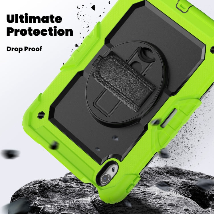 For iPad Air 11 2025 / 2024 Turntable Holder Silicone Hybrid PC Tablet Case with Shoulder Strap(Black + Yellow Green)