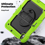 For iPad Air 11 2025 / 2024 Turntable Holder Silicone Hybrid PC Tablet Case with Shoulder Strap(Black + Yellow Green)
