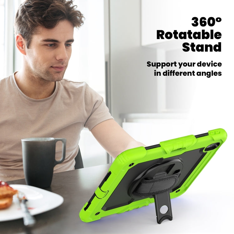 For iPad Air 11 2025 / 2024 Turntable Holder Silicone Hybrid PC Tablet Case with Shoulder Strap(Black + Yellow Green)