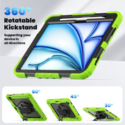 For iPad Air 11 2025 / 2024 Turntable Holder Silicone Hybrid PC Tablet Case with Shoulder Strap(Black + Yellow Green)
