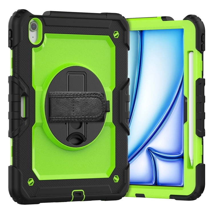 For iPad Air 11 2025 / 2024 Turntable Holder Silicone Hybrid PC Tablet Case with Shoulder Strap(Yellow Green + Black)
