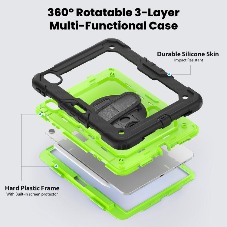 For iPad Air 11 2025 / 2024 Turntable Holder Silicone Hybrid PC Tablet Case with Shoulder Strap(Yellow Green + Black)