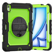For iPad Air 11 2025 / 2024 Turntable Holder Silicone Hybrid PC Tablet Case with Shoulder Strap(Yellow Green + Black)