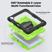 For iPad Air 11 2025 / 2024 Turntable Holder Silicone Hybrid PC Tablet Case with Shoulder Strap(Yellow Green + Black)