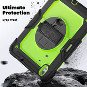 For iPad Air 11 2025 / 2024 Turntable Holder Silicone Hybrid PC Tablet Case with Shoulder Strap(Yellow Green + Black)