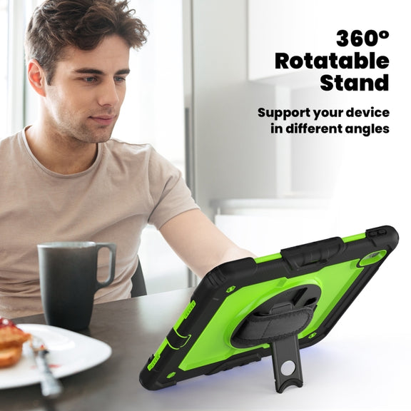 For iPad Air 11 2025 / 2024 Turntable Holder Silicone Hybrid PC Tablet Case with Shoulder Strap(Yellow Green + Black)