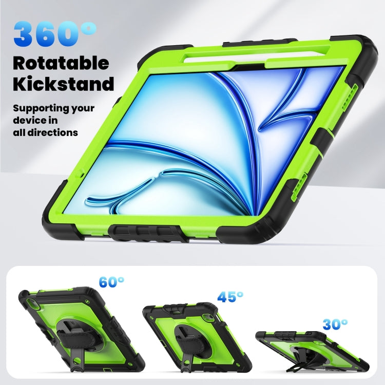 For iPad Air 11 2025 / 2024 Turntable Holder Silicone Hybrid PC Tablet Case with Shoulder Strap(Yellow Green + Black)