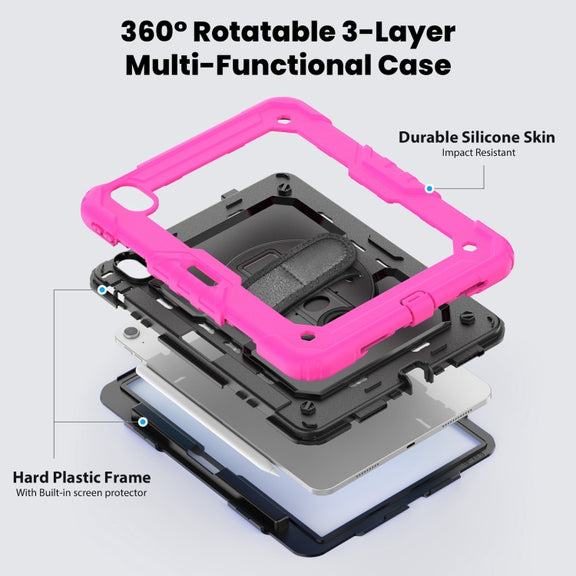 For iPad Air 11 2025 / 2024 Silicone Hybrid PC Tablet Case with Shoulder Strap(Black + Rose Red)
