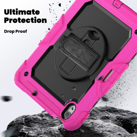 For iPad Air 11 2025 / 2024 Silicone Hybrid PC Tablet Case with Shoulder Strap(Black + Rose Red)