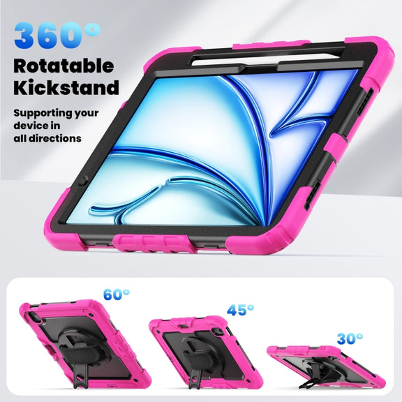 For iPad Air 11 2025 / 2024 Silicone Hybrid PC Tablet Case with Shoulder Strap(Black + Rose Red)