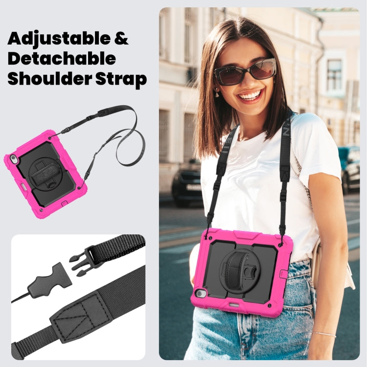 For iPad Air 11 2025 / 2024 Silicone Hybrid PC Tablet Case with Shoulder Strap(Black + Rose Red)