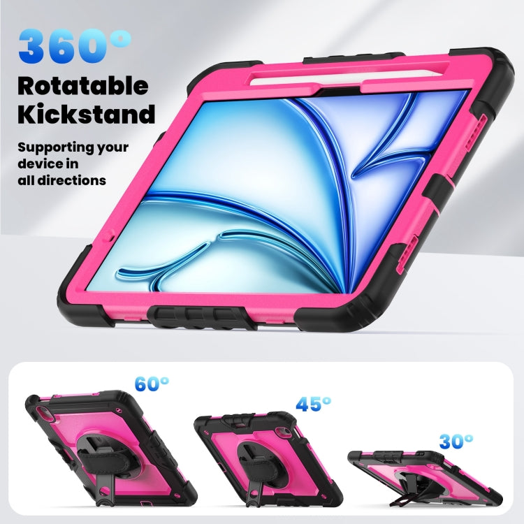 For iPad Air 11 2024 Silicone Hybrid PC Tablet Case with Shoulder Strap(Rose Red + Black)