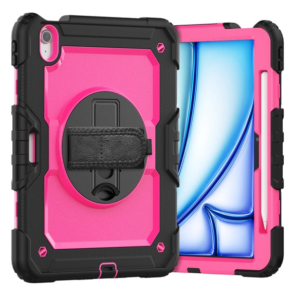 For iPad Air 11 2024 Silicone Hybrid PC Tablet Case with Shoulder Strap(Rose Red + Black)