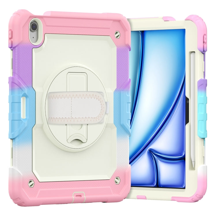 For iPad Air 11 2025 / 2024 Turntable Holder Silicone Hybrid PC Tablet Case with Shoulder Strap(Camouflage Pink)