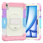 For iPad Air 11 2025 / 2024 Turntable Holder Silicone Hybrid PC Tablet Case with Shoulder Strap(Camouflage Pink)